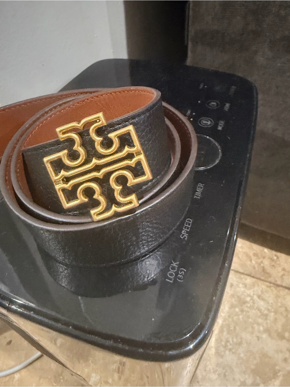 Tory Burch Black Leather Belt with Gold Logo Buckle